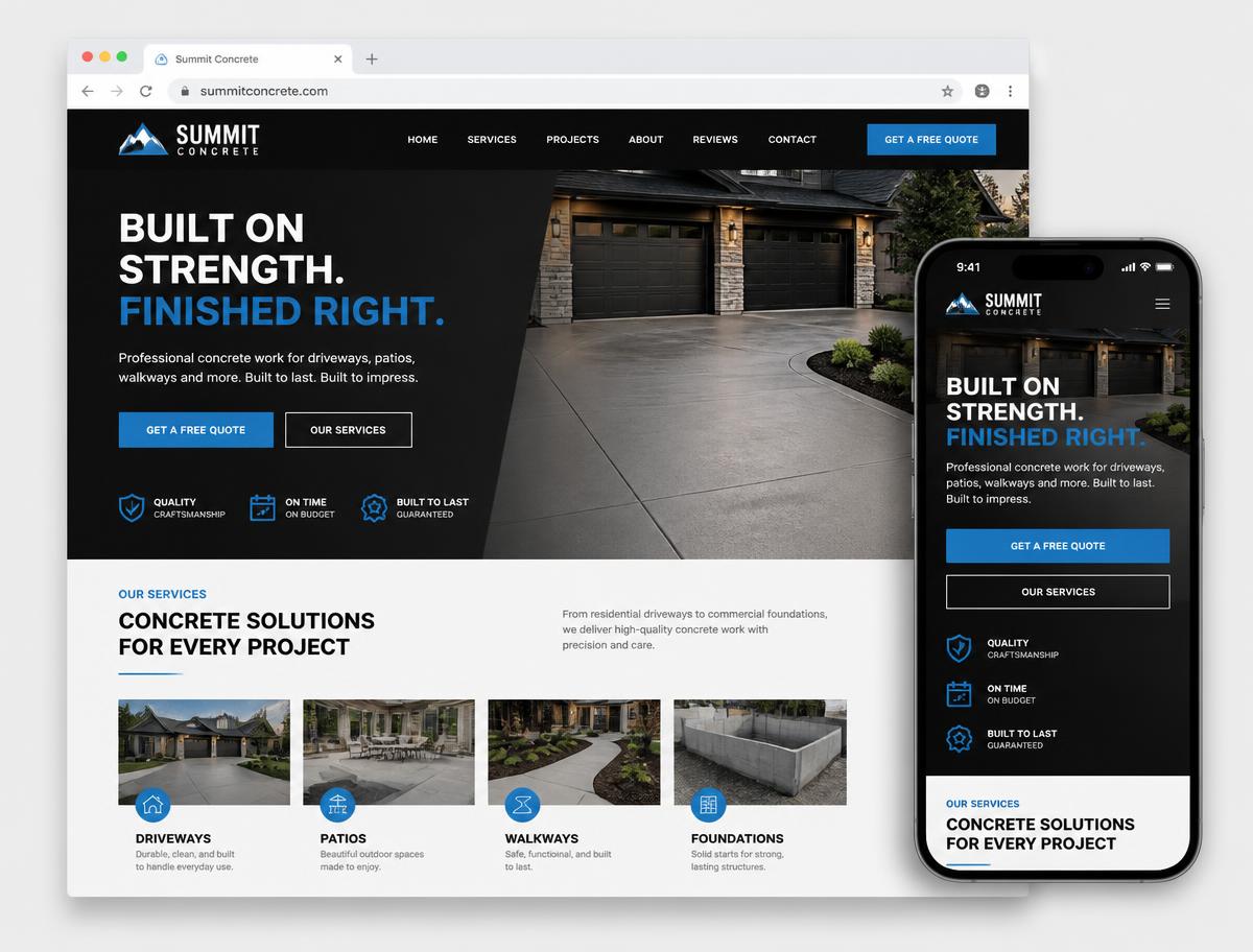 Desktop and mobile mockup of a concrete contractor website designed by BigWay Digital