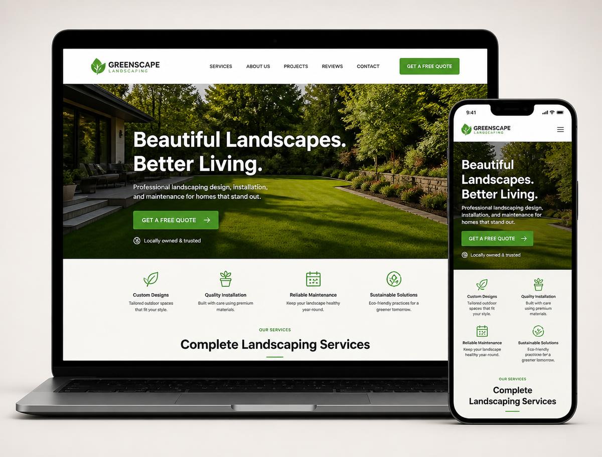 Desktop and mobile mockup of a landscaping company website designed by BigWay Digital