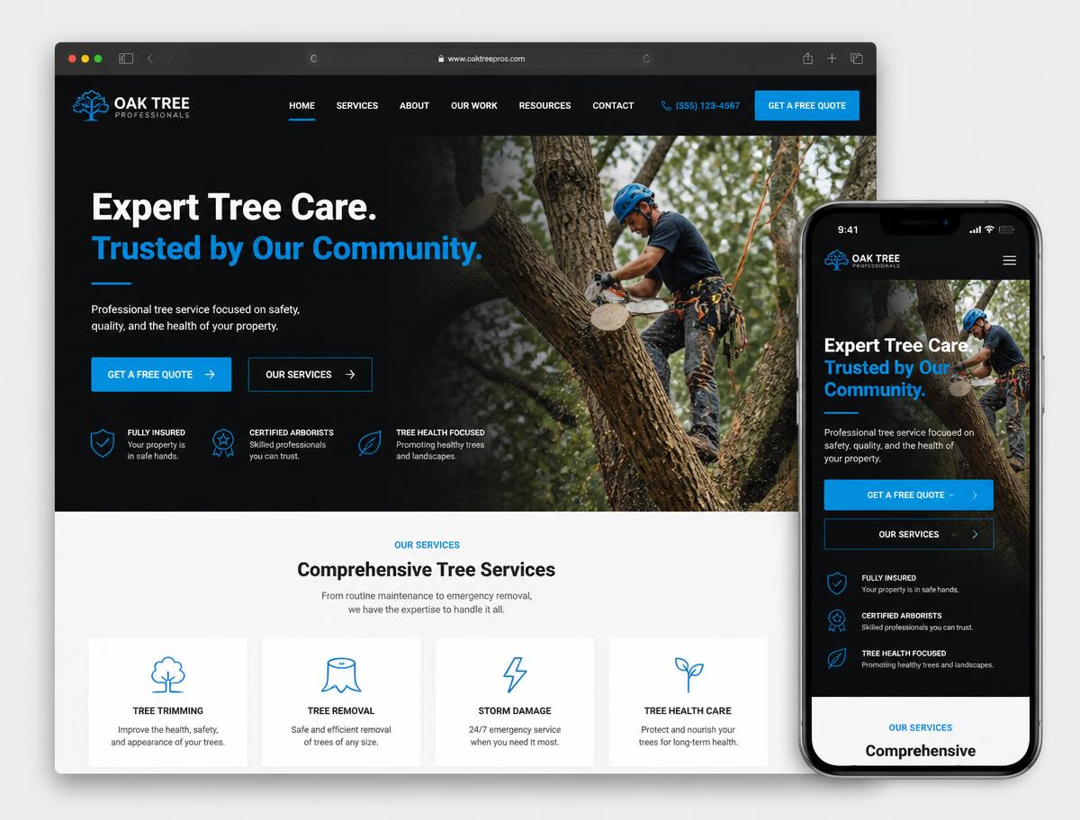 Desktop and mobile mockup of a tree service website designed by BigWay Digital
