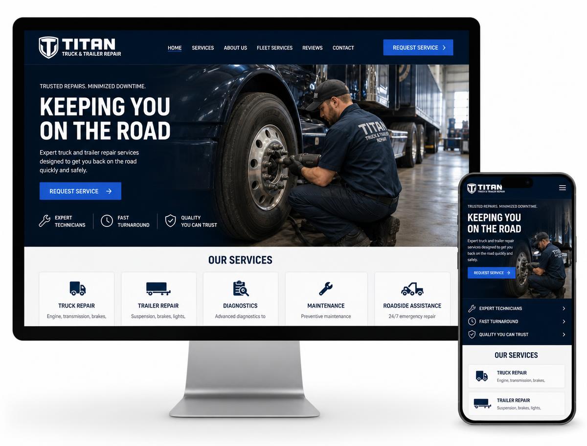 Desktop and mobile mockup of a truck and trailer repair company website designed by BigWay Digital